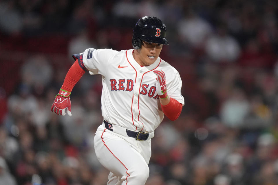 Boston Red Sox’s <a class="link " href="https://sports.yahoo.com/mlb/players/12763/" data-i13n="sec:content-canvas;subsec:anchor_text;elm:context_link" data-ylk="slk:Masataka Yoshida;sec:content-canvas;subsec:anchor_text;elm:context_link;itc:0">Masataka Yoshida</a> runs toward first as he grounds out in the ninth inning of a baseball game against the Cleveland Guardians, Tuesday, April 16, 2024, in Boston. (AP Photo/Steven Senne)
