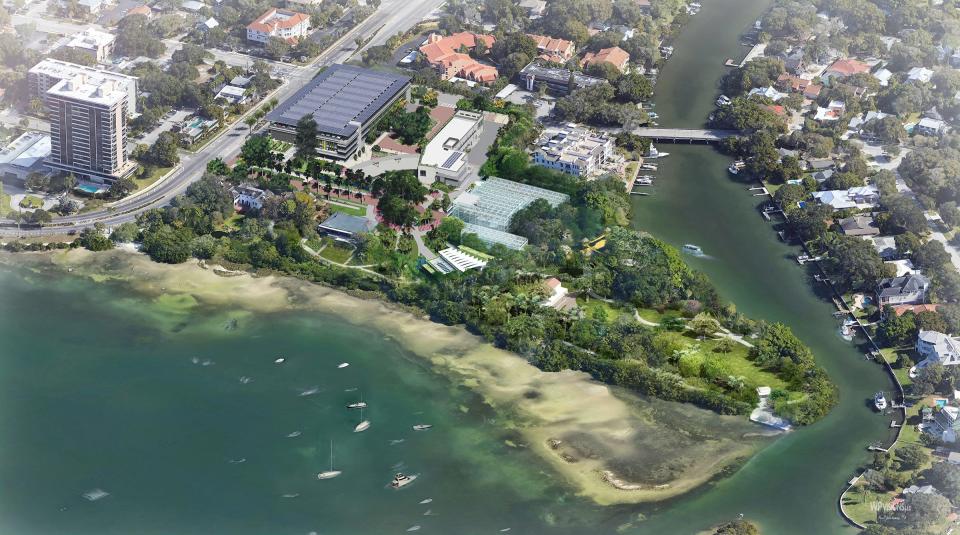 An aerial rendering of what Selby Botanical Gardens will look like when a remodeling and reconstruction project are finished. The first phase is scheduled to open Jan. 11, 2024.