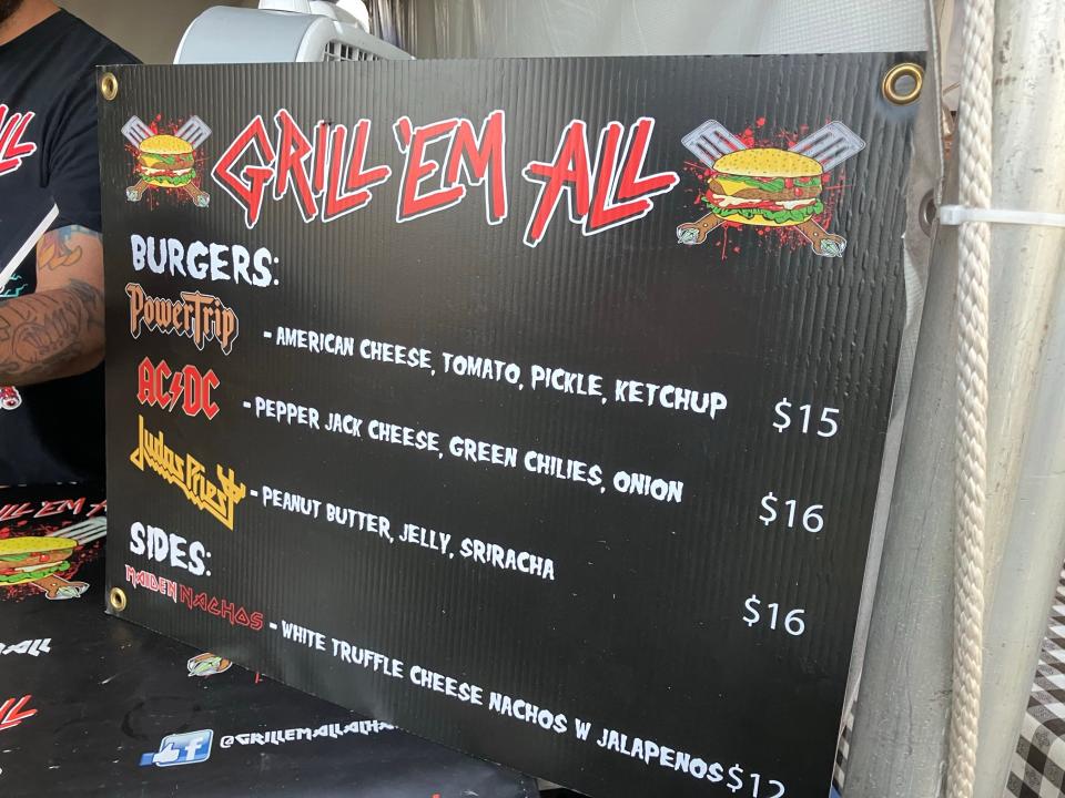 Grill 'Em All, a food vendor at Power Trip music festival, offers three heavy metal-themed burger options at the Empire Polo Club in Indio, Calif., Sunday, Oct. 8, 2023.