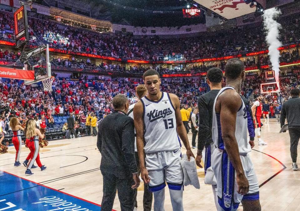 Sacramento Kings forward Keegan Murray (13) walks off the court after losing a game against the New Orleans Pelicans during an NBA play-in game at Smoothie King Center in New Orleans on Friday, April 19, 2024. Hector Amezcua/hamezcua@sacbee.com