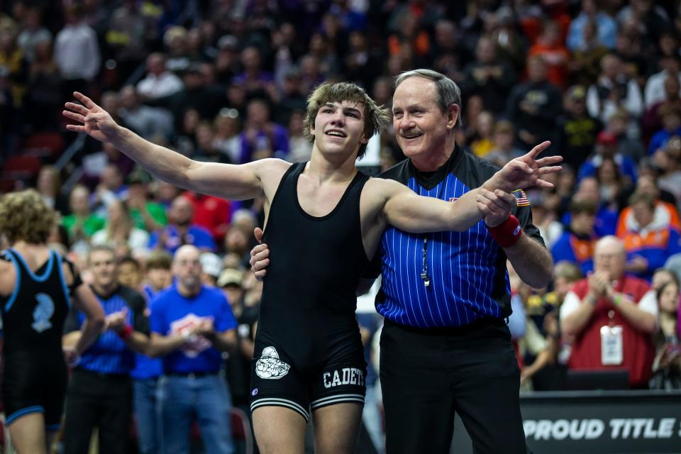 Carter Fousek, Crestwood-Cresco, becomes a four-time state wrestling champion by defeating Logan Arp of South Tama in the Class 2A 138-pound final on Feb. 19 at Wells Fargo Arena in Des Moines.