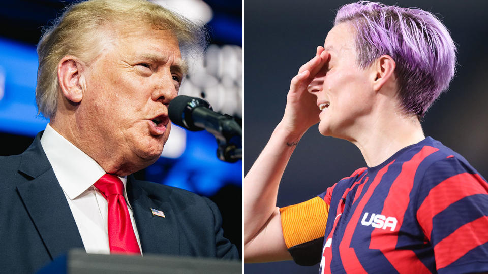 Pictured here, Donald Trump speaks at a rally and Megan Rapinoe looks frustrated on the right.