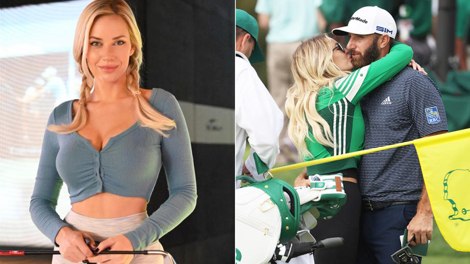 Pictured here, Paige Spiranac as well as Paulina Gretzky kissing husband Dustin Johnson after his Masters win.