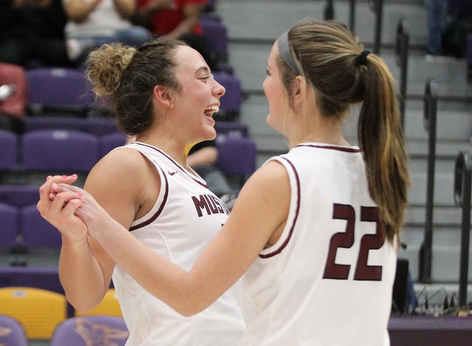 Salina Central's Hampton Williams (33) and Brynn O'Hara (22) celebrate their 56-36 defeat of Andover during their championship game in the Salina Invitational Tournament Saturday, Jan. 22, 2022. 