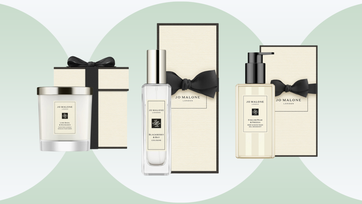 Helen Mirren-approved Jo Malone candle, fragrance, and soap on a green background