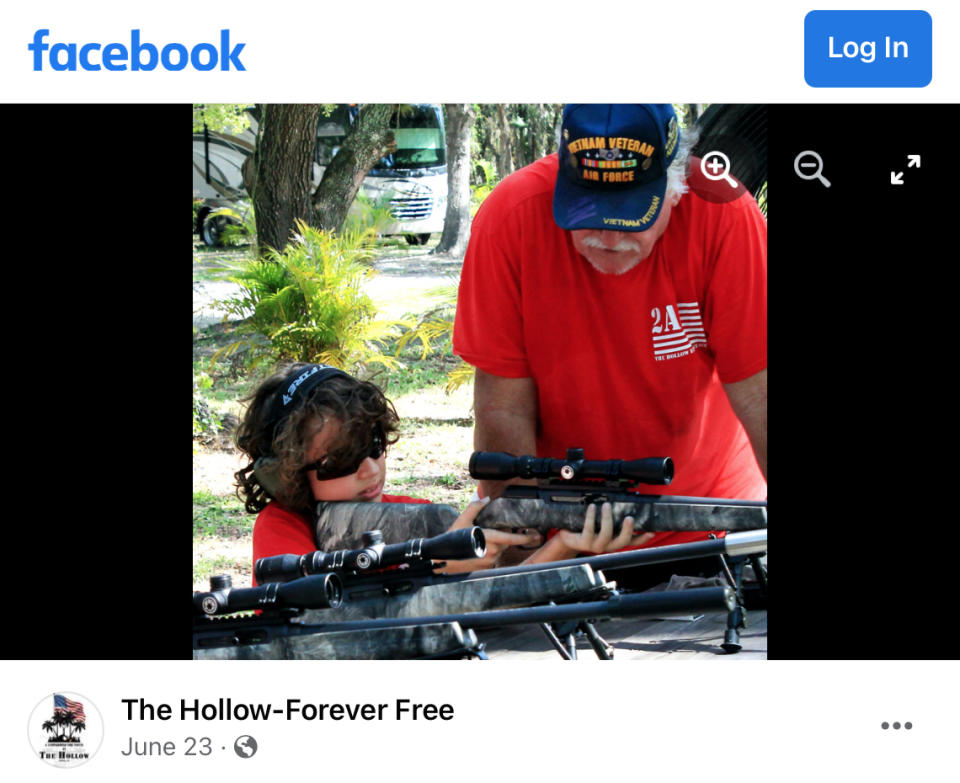 In this photo posted by The Hollow on Facebook in June 2022, a child participates in a free shooting class at the unpermitted gun range adjacent to The Hollow in Venice, Fla. The gun range has hosted groups as large as 40 and has offered free shooting lessons to children as young as six. (AP Photo)
