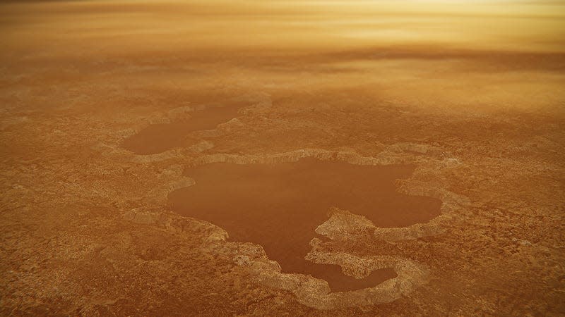  Artist’s concept of a lake at the north pole of Saturn’s moon Titan.