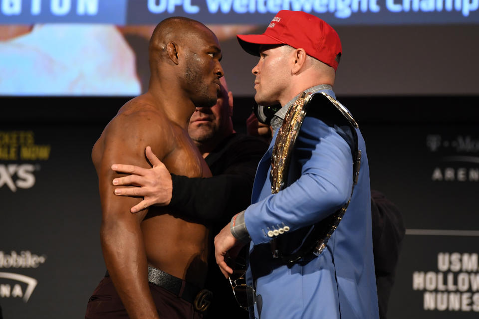 NEW YORK, NY - NOVEMBER 01:  (L-R) Kamaru Usman and Colby Covington face off during the UFC 245 press conference at the Hulu Theatre at Madison Square Garden on November 1, 2019 in New York, New York. (Photo by Josh Hedges/Zuffa LLC via Getty Images)