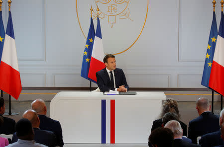 French President Emmanuel Macron speaks during a news conference to unveil his policy response to the yellow vests protest, at the Elysee Palace in Paris, France, April 25, 2019. REUTERS/Philippe Wojazer