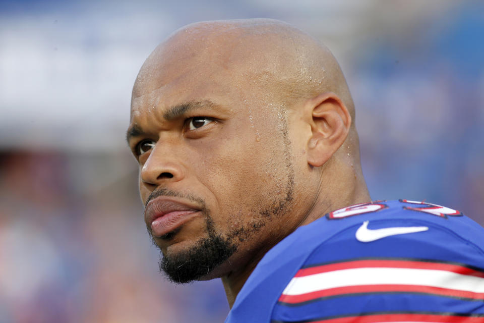 FILE - In this Aug. 9, 2018, file photo, Buffalo Bills linebacker Lorenzo Alexander looks on prior to an NFL football game against the Carolina Panthers in Orchard Park, N.Y. Contracts in Major League Baseball, the NBA and the NHL are fully guaranteed for the length of the deal. The NFL lags far behind in guarantees. “No other league has that mandate,” the 12-year veteran linebacker said. (AP Photo/Jeffrey T. Barnes, File)