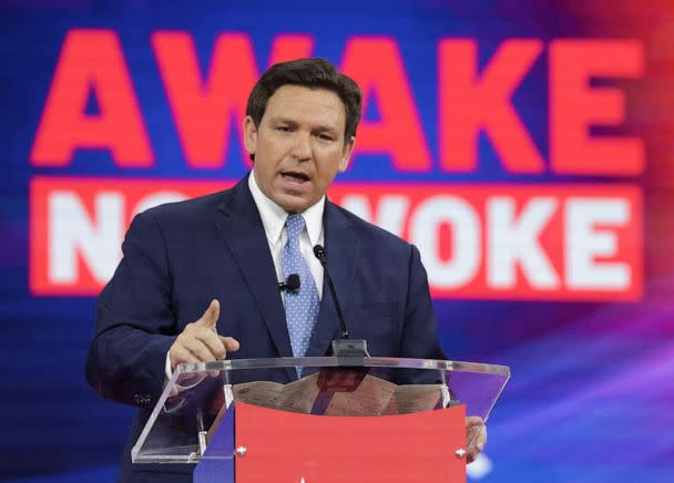 PHOTO: Florida Gov. Ron DeSantis delivers remarks at the 2022 CPAC conference at the Rosen Shingle Creek in Orlando, Feb. 24, 2022. (Orlando Sentinel/TNS via Getty Images)