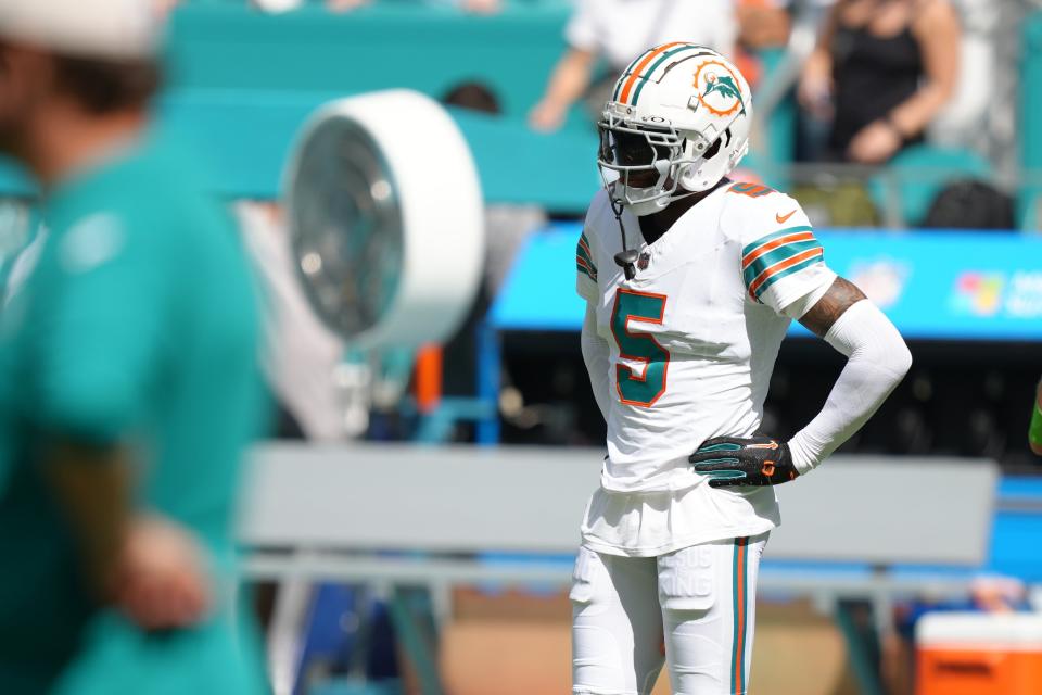 Miami Dolphins cornerback Jalen Ramsey (5) returns to the lineup against the New England Patriots at Hard Rock Stadium in Miami Gardens, Oct. 29, 2023.