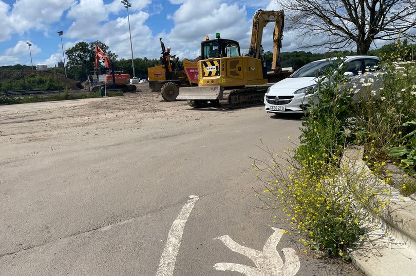 Construction vehicles at the car park near Ysgol Gymraeg Bro Eirwg in Llanrumney