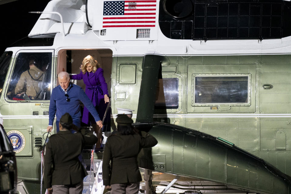 President Joe Biden and first lady Jill Biden arrive on Marine One at Delaware Air National Guard Base in New Castle, Del., Friday, March 8, 2024. (AP Photo/Stephanie Scarbrough)