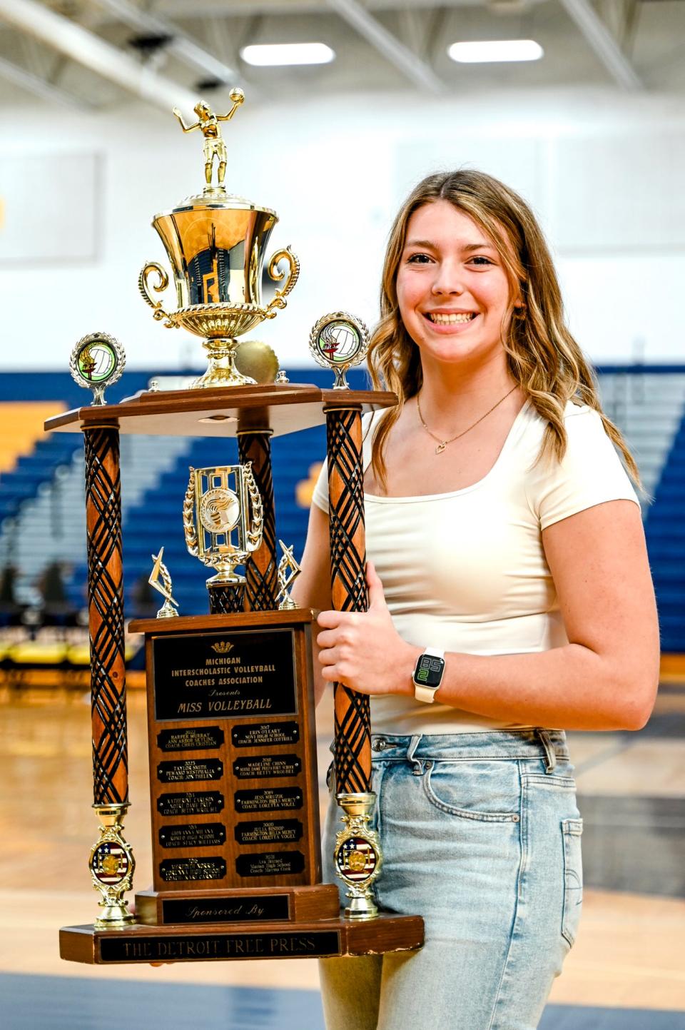 Pewamo-Westphalia's Taylor Smith, 2023 Miss Volleyball, pictured with the trophy on Monday, Nov. 13, 2023, at Pewamo-Westphalia High School.