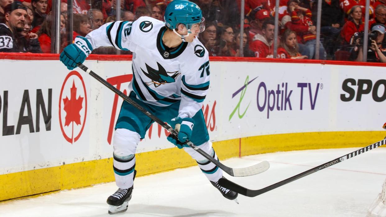 <div>CALGARY, AB - APRIL 18: William Eklund #72 of the San Jose Sharks at Scotiabank Saddledome on April 18, 2024 in Calgary, Alberta, Canada. (Photo by Gerry Thomas/NHLI via Getty Images)</div>