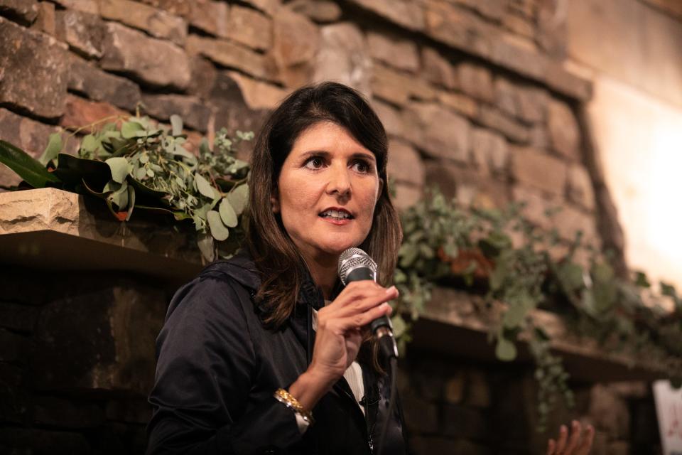 Former U.N. Ambassador Nikki Haley speaks in support of Georgia Republican Senate candidates David Perdue, R-Ga., and Kelly Loeffler, R-Ga., during a campaign rally on Dec. 20, 2020 in Cumming, Georgia.