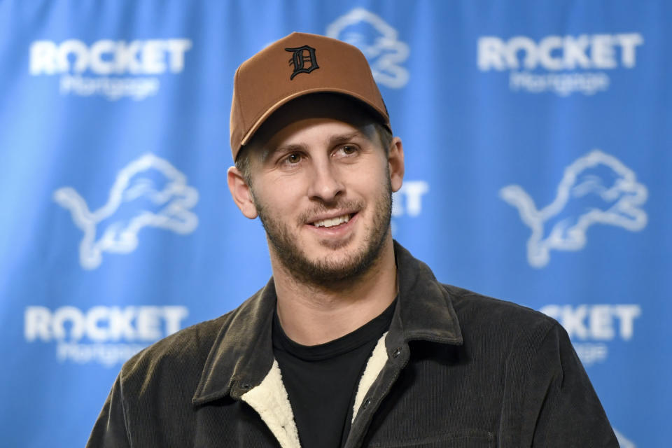 Detroit Lions quarterback Jared Goff talks to reporters following an NFL football NFC divisional playoff game against the Tampa Bay Buccaneers, Sunday, Jan. 21, 2024, in Detroit. The Lions won 31-23. (AP Photo/Jose Juarez)