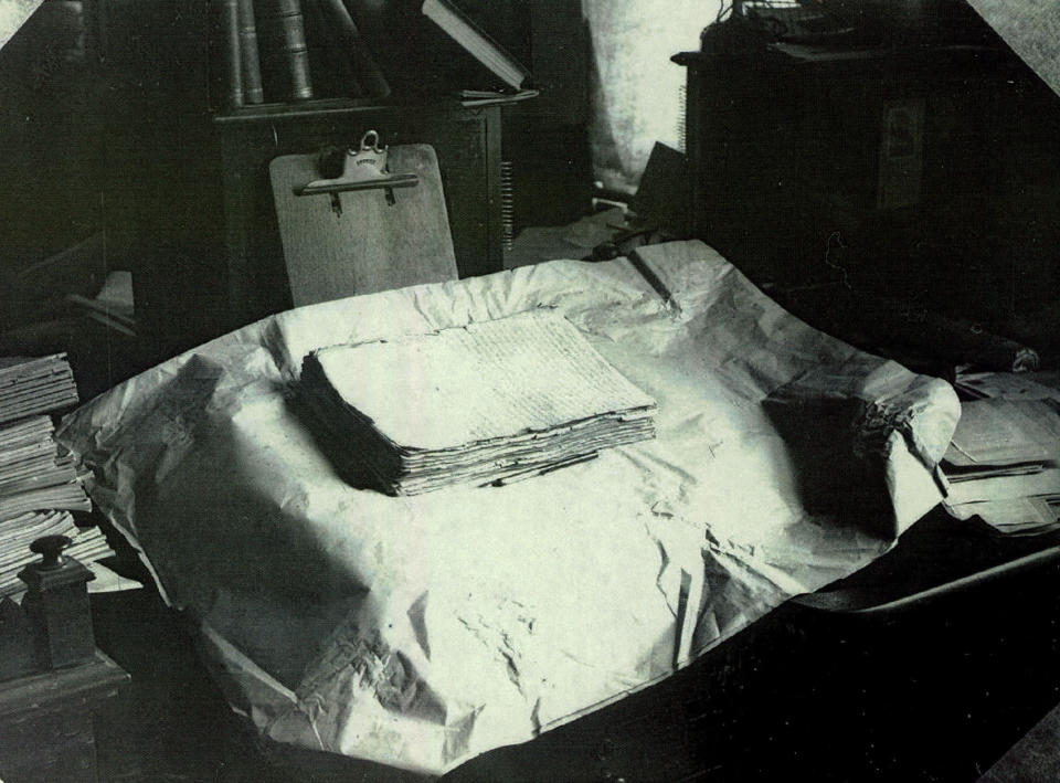 The printer&rsquo;s manuscript of the Book of Mormon rests on a table in this early 20th-century photograph.&nbsp; (Photo: Intellectual Reserve Inc)