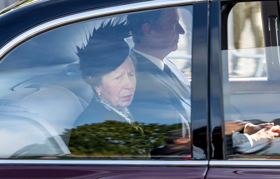 The Princess Royal and her husband Admiral Sir Tim Laurence travelled behind the hearse (Paul Campbell/PA) (PA Wire)