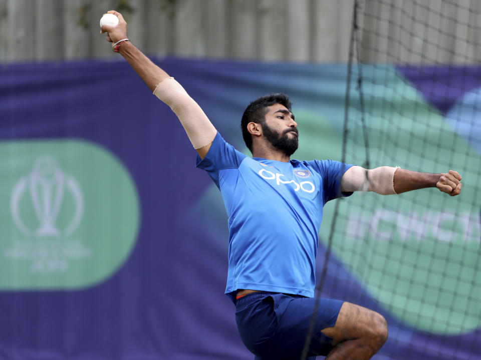 India's Jasprit Bumrah bowls in the nets during a training session ahead of their Cricket World Cup match against Afghanistan at the Hampshire Bowl in Southampton, England, Thursday, June 20, 2019. (AP Photo/Aijaz Rahi)