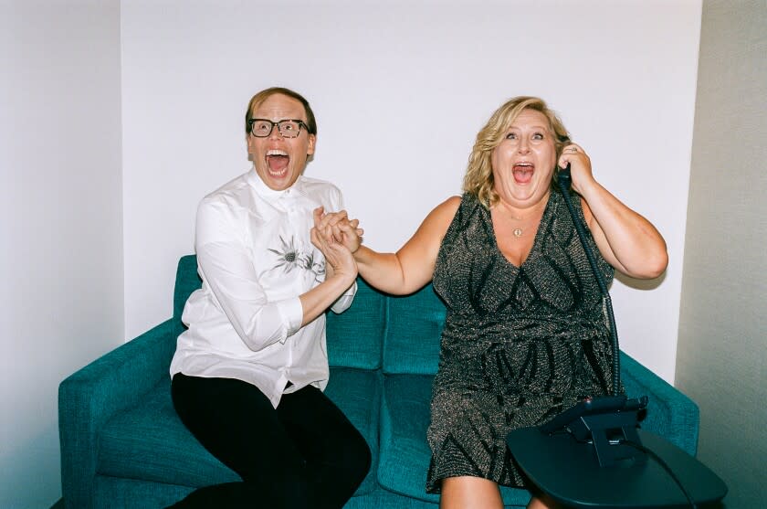 New York, New York: April 27, 2022 - Jeff Hiller and Bridget Everett on the NYC Highline and inside the HBO offices. The two star in "Somebody, Somewhere." The story of a woman who returns to her Kansas hometown in search of herself. She connects with a former high school classmate and they become very good friends, each with their own struggles. (CREDIT: OK McCausland / For The Times)