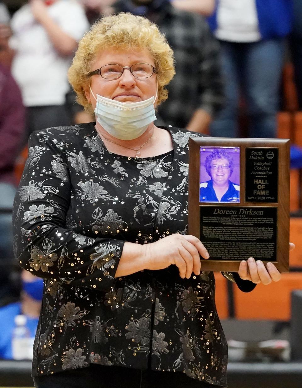 Longtime Lake Preston head coach Doreen Dirksen was inducted into the South Dakota Volleyball Coaches Hall of Fame during the 2023 state Class B tournament in the Huron Arena.