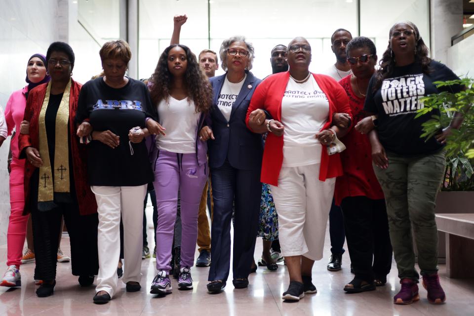 WASHINGTON, DC: Voting Rights activists, led by U.S. Rep. Joyce Beatty (D-OH) (C), stage a protest on Capitol Hill, July 15, 2021 (Photo by Alex Wong/Getty Images)