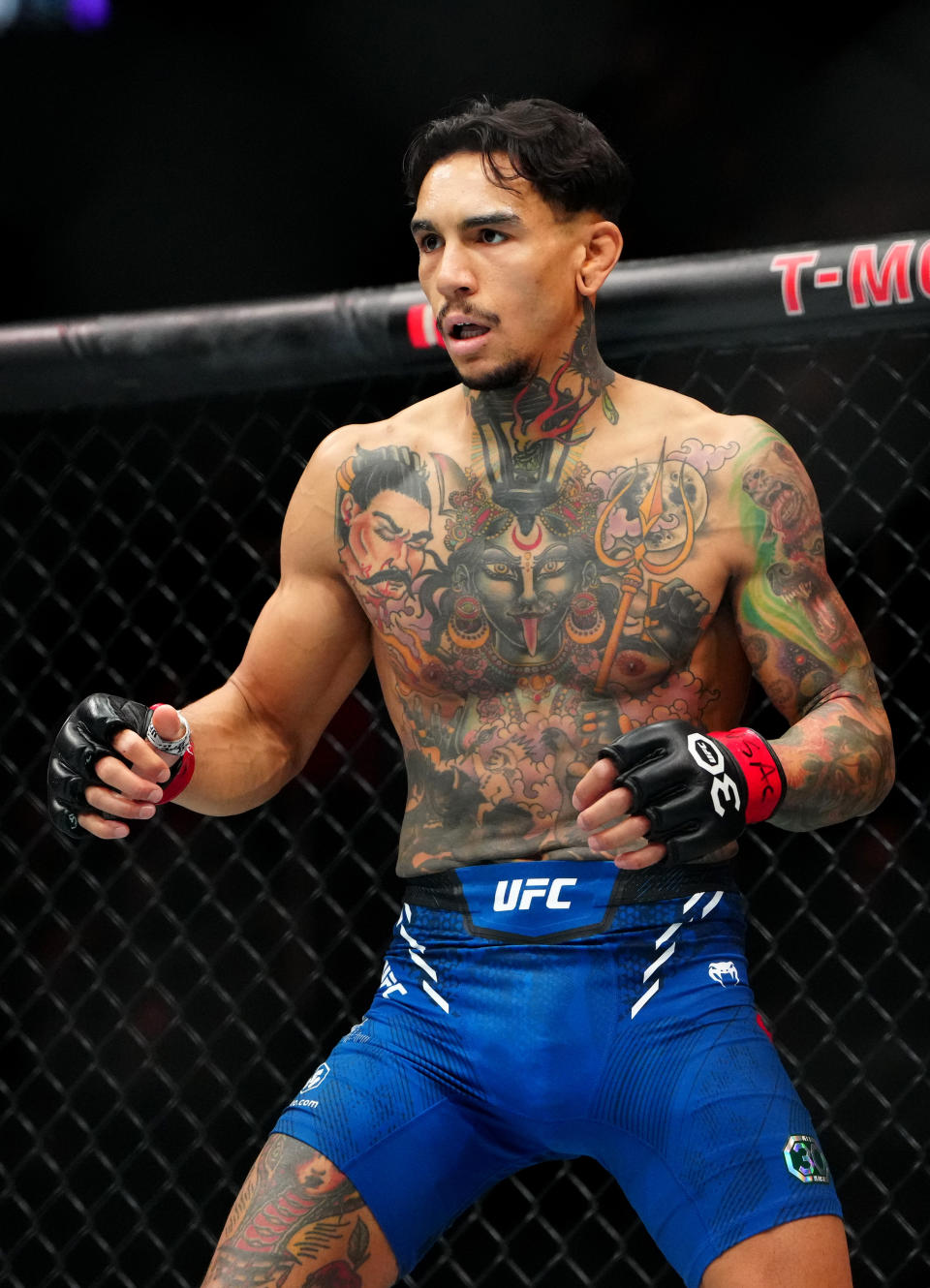 Dec 16, 2023; Las Vegas, Nevada, USA; Andre Fili (red gloves) during UFC 296 at T-Mobile Arena. Mandatory Credit: Stephen R. Sylvanie-USA TODAY Sports