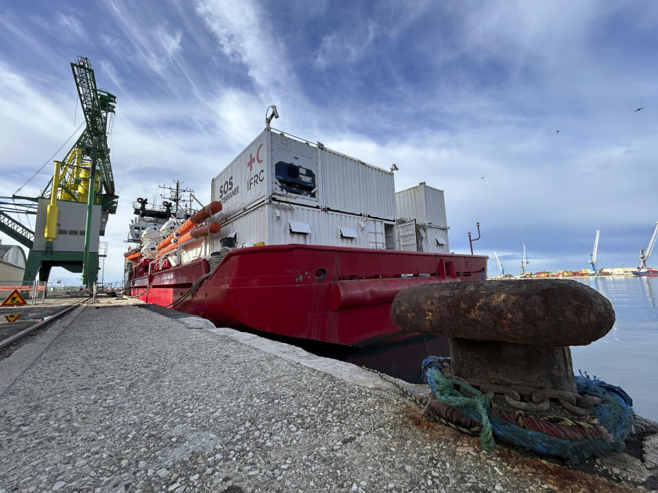 The Sos Mediterranee-run charity rescue ship, Ocean Viking, is moored in Bari, southern Italy, Monday, Jan. 8, 2024. The ship was detained by the Italian authorities with the accusation of not having followed the orders of the Italian coast guard. The year has gotten off to a slow start for the rescue ship that typically plies the Mediterranean Sea looking for migrants and refugees in distress. (AP Photo/Paolo Santalucia)