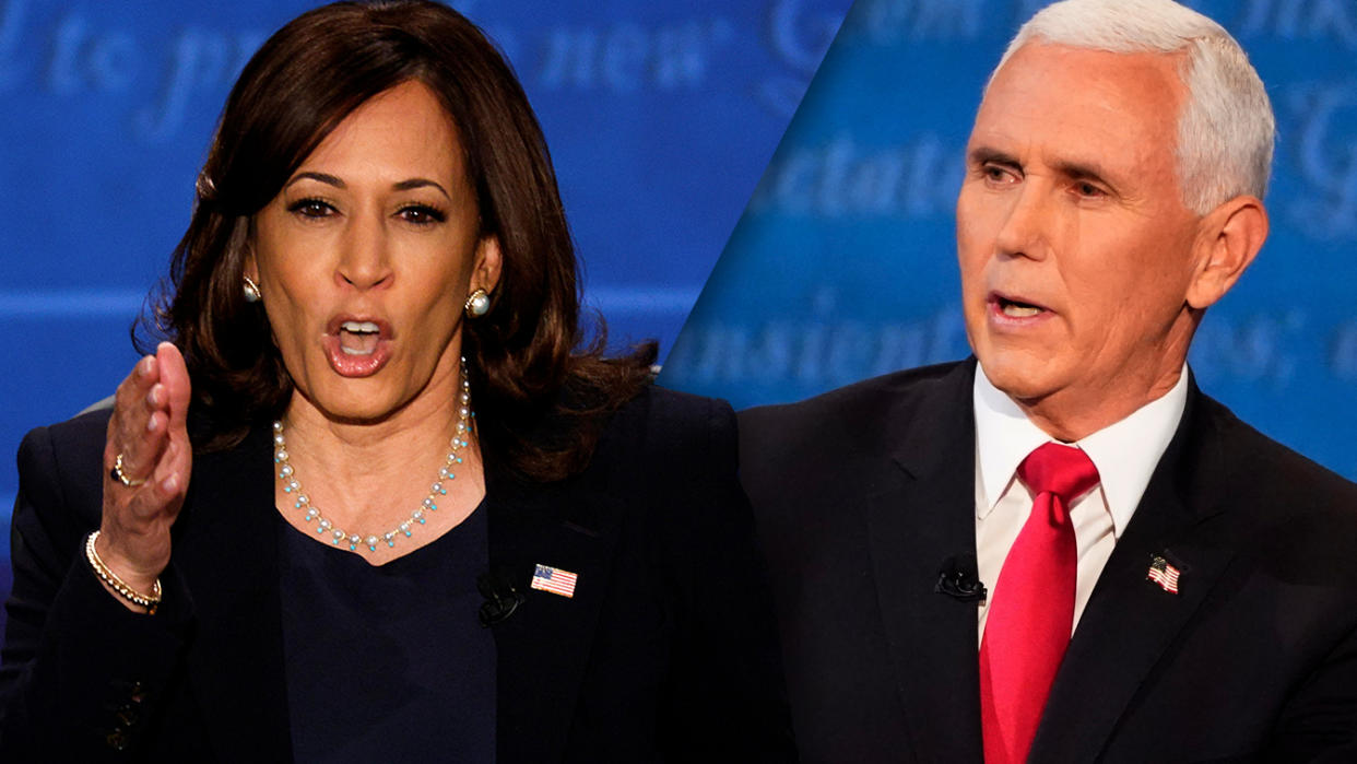 Sen. Kamala Harris and VP Mike Pence speak during the 2020 vice presidential campaign debate. (Brian Snyder/Reuters, Julio Cortez/AP)