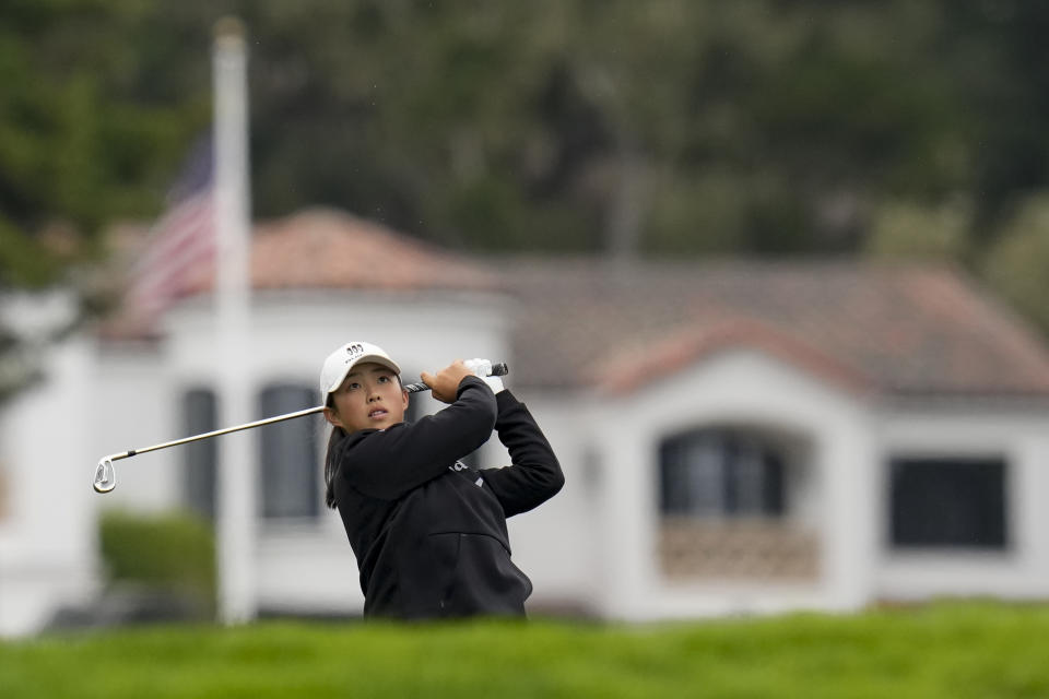 Ruoning Yin, of China, watches her shot to the 16th green during a practice round for the U.S. Women's Open golf tournament at the Pebble Beach Golf Links, Wednesday, July 5, 2023, in Pebble Beach, Calif. (AP Photo/Godofredo A. Vásquez)