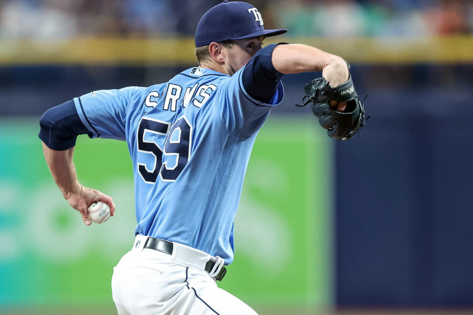 ST. PETERSBURG, FL - APRIL 23: Jeffrey Springs #59 of the Tampa Bay Rays throws against the Boston Red Sox during the third inning in a baseball game at Tropicana Field on April 23, 2022 in St. Petersburg, Florida. (Photo by Mike Carlson/Getty Images)