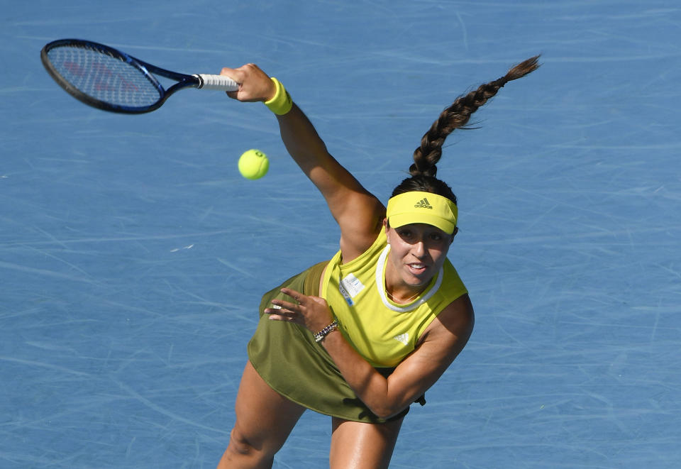 United States' Jessica Pegula serves to Ukraine's Elina Svitolina during their fourth round match at the Australian Open tennis championship in Melbourne, Australia, Monday, Feb. 15,2021.(AP Photo/Andy Brownbill)