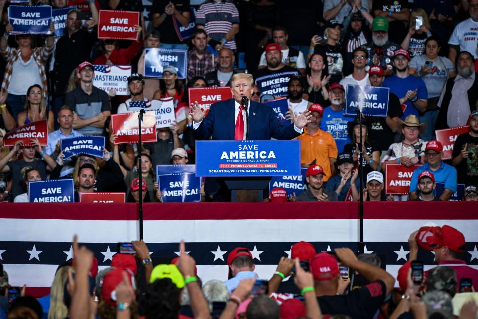 Former President Donald Trump speaks during a campaign rally in support of Doug Mastriano for governor of Pennsylvania, and Dr. Mehmet Oz for Senate, at Mohegan Sun Arena in Wilkes-Barre, Pennsylvania, on Sept. 3, 2022. / Credit: ED JONES/AFP/Getty Images