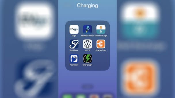 PHOTO: Jared Rosenholtz, who relies on Level 2 and Level 3 public chargers, has eight separate charging apps on this phone. (Courtesy of Jared Rosenholtz)