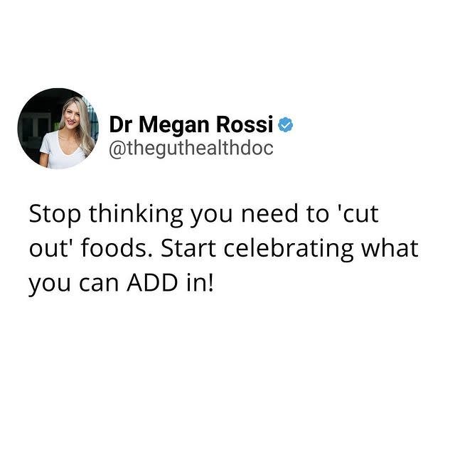 <p>Ah, let us count the ways we wholeheartedly rate King's College London gut health researcher and registered dietician, <a href="https://www.womenshealthmag.com/uk/health/conditions/a28034301/ibs-flare-up/" rel="nofollow noopener" target="_blank" data-ylk="slk:Dr Megan Rossi;elm:context_link;itc:0;sec:content-canvas" class="link ">Dr Megan Rossi</a>. (It's pronounced 'Mee-gan' btw.) And as far as diet quotes go, we'd endorse this one being brandished across billboards and bumper stickers, nationwide. </p><p>The whole thing (read the caption, gang) is an effective rebuttal to those *still* convinced that a healthy diet is predicated on eradicating so-called unhealthy foods. Not only (as Dr Rossi spells out) can this lead to <a href="https://www.womenshealthmag.com/uk/health/conditions/a30210067/iron-deficiency-symptoms/" rel="nofollow noopener" target="_blank" data-ylk="slk:deficiencies;elm:context_link;itc:0;sec:content-canvas" class="link ">deficiencies</a> and an inability to feel and function at your best, it's a needlessly joyless and desperately dull way to approach eating well. </p><p>So - bonafide allergies and intolerances beside - make like Megan and think not what you should leave out of your meals, but what fibre-full, tasty and gut health-loving elements you can add in. We're all over her suggestion for your next pizza night. </p><p><a href="https://www.instagram.com/p/CU77kVLN-1Z/" rel="nofollow noopener" target="_blank" data-ylk="slk:See the original post on Instagram;elm:context_link;itc:0;sec:content-canvas" class="link ">See the original post on Instagram</a></p>