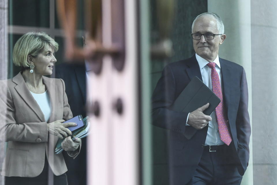 Malcolm Turnbull arrives at Parliament House with Julie Bishop. Source: AAP