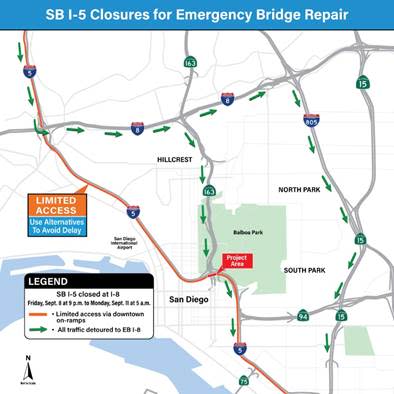 Closure and detour for the southbound I-5 emergency bridge repair. (Courtesy of Caltrans)
