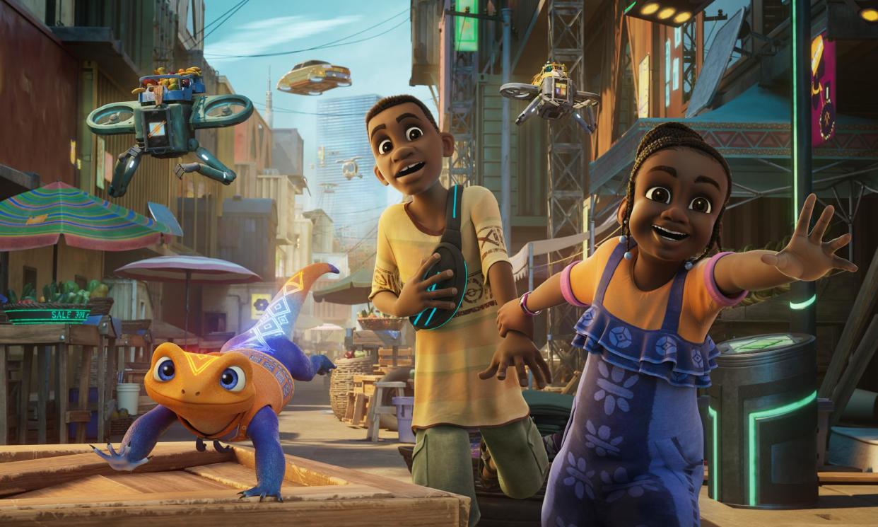 <span>Delightful … Tola (Simisola Gbadamosi) and Kole (Siji Soetan) alongside Otin the lizard (Weruche Opia) in Iwájú.</span><span>Photograph: Disney</span>