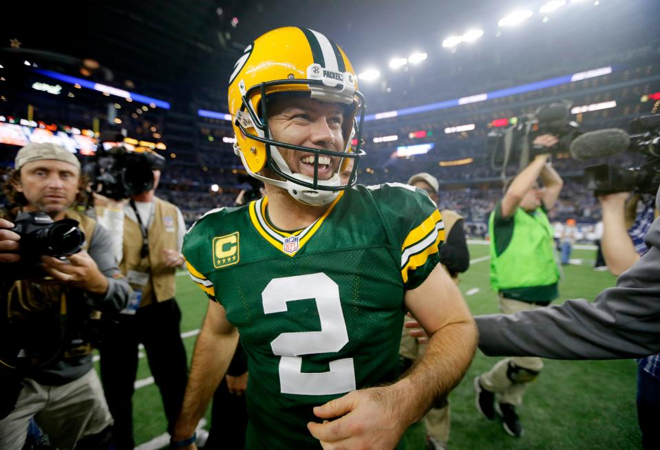 Green Bay Packers kicker Mason Crosby (2) smiles after making the game-winning field goal to beat the Dallas Cowboys in an NFL divisional playoff football game Sunday, Jan. 15, 2017, in Arlington, Texas. The Packers won 34-31.