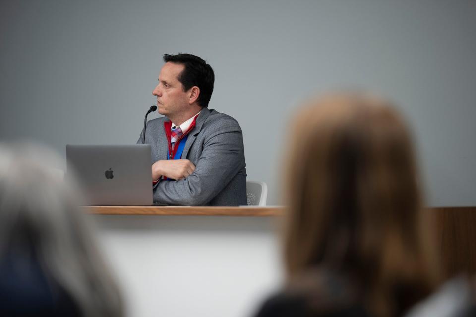 Bexley City Schools superintendent Jason Fine attends a special school board meeting Tuesday at Bexley City Hall, where the board accepted the resignation of design and technology teacher Christopher Melville over a racist image shown Feb. 3 during the morning announcements right after a Black History Month fact.