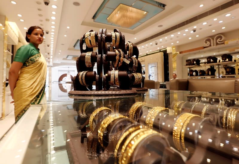 FILE PHOTO: Gold jewellery is displayed at a shop in New Delhi