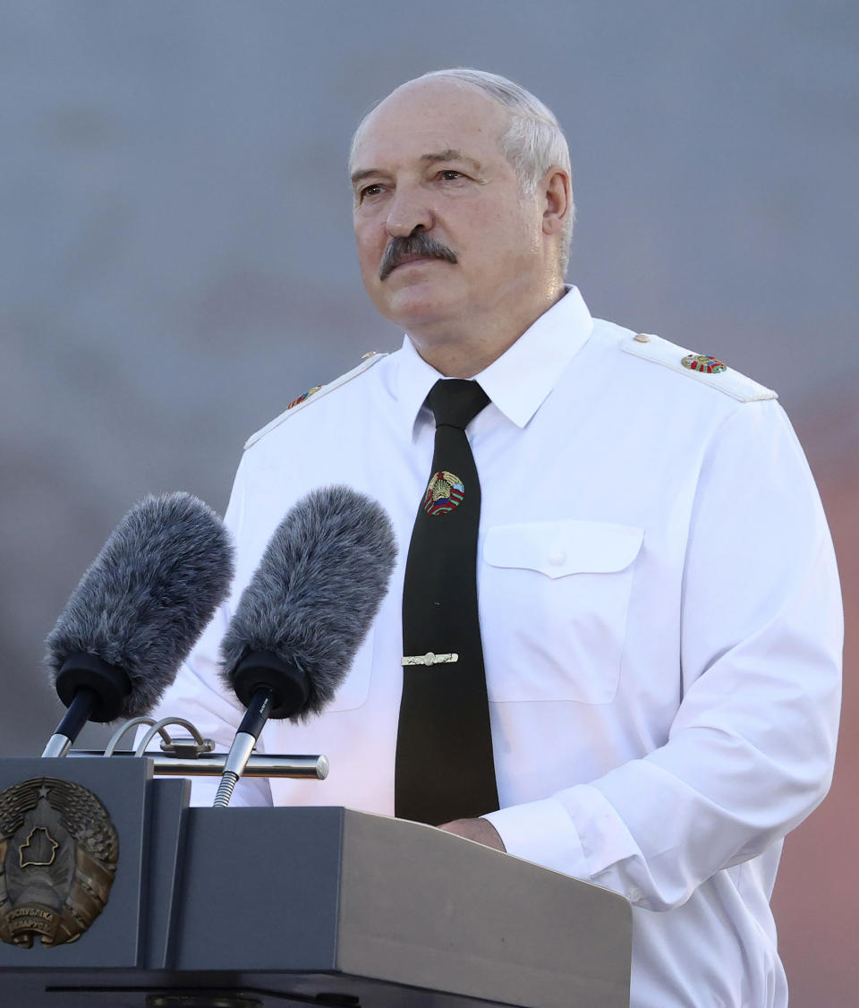 Belarusian President Alexander Lukashenko attends a ceremony to mark the 80th anniversary of Germany's attack on the Soviet Union in World War II in the Brest Fortress memorial, 360 km (225 miles) southwest of Minsk, Belarus, Tuesday, June 22, 2021. (Pavel Orlovsky/BelTA Pool Photo via AP)