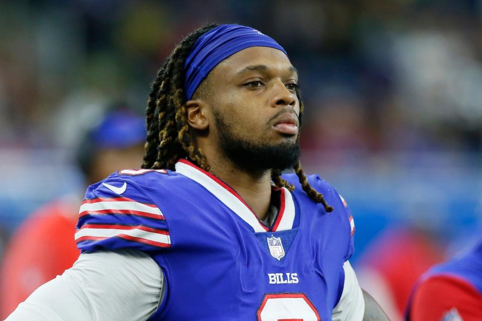 Buffalo Bills safety Damar Hamlin looks on during the second half of an NFL football game against the Cleveland Browns, Nov. 20, 2022, in Detroit. On Monday, Jan. 2 Hamlin collapsed on the field and received life-saving CPR before being driven off the field in an ambulance.