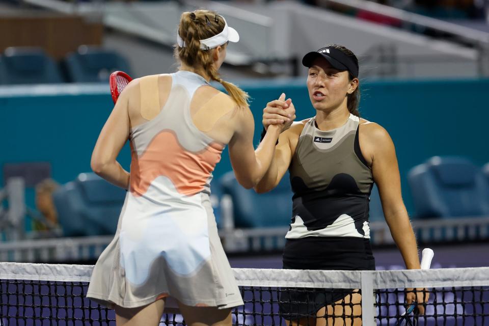 Jessica Pegula, right, shakes hands with Elena Rybakina of Kazakhstan at the Miami Open at Hard Rock Stadium in  2023.