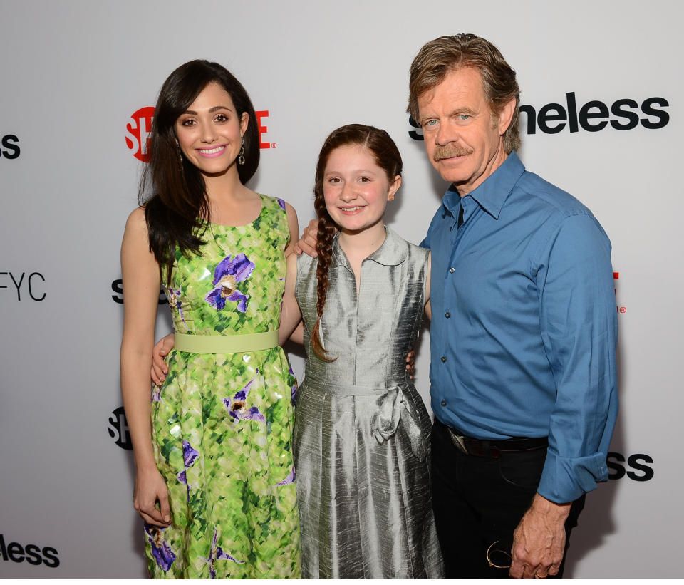 &nbsp;"Shameless" actors Emmy Rossum, Emma Kenney and William H. Macy pictured together in 2013.