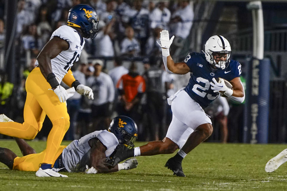 UNIVERSITY PARK, PA - SEPTEMBER 2: Trey Potts (23) of the Penn State Nittany Lions runs with the ball during the second half of the College Football Game between the West Virginia Mountaineers and the Penn State Nittany Lions on September 2, 2023, at Beaver Stadium in University Park, PA. (Photo by Gregory Fisher/Icon Sportswire via Getty Images)