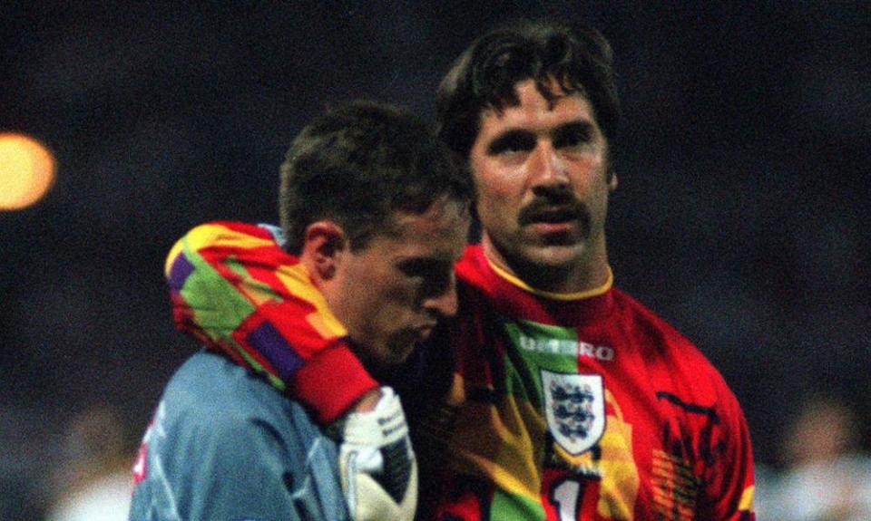 David Seaman comforts Gareth Southgate after his missed penalty