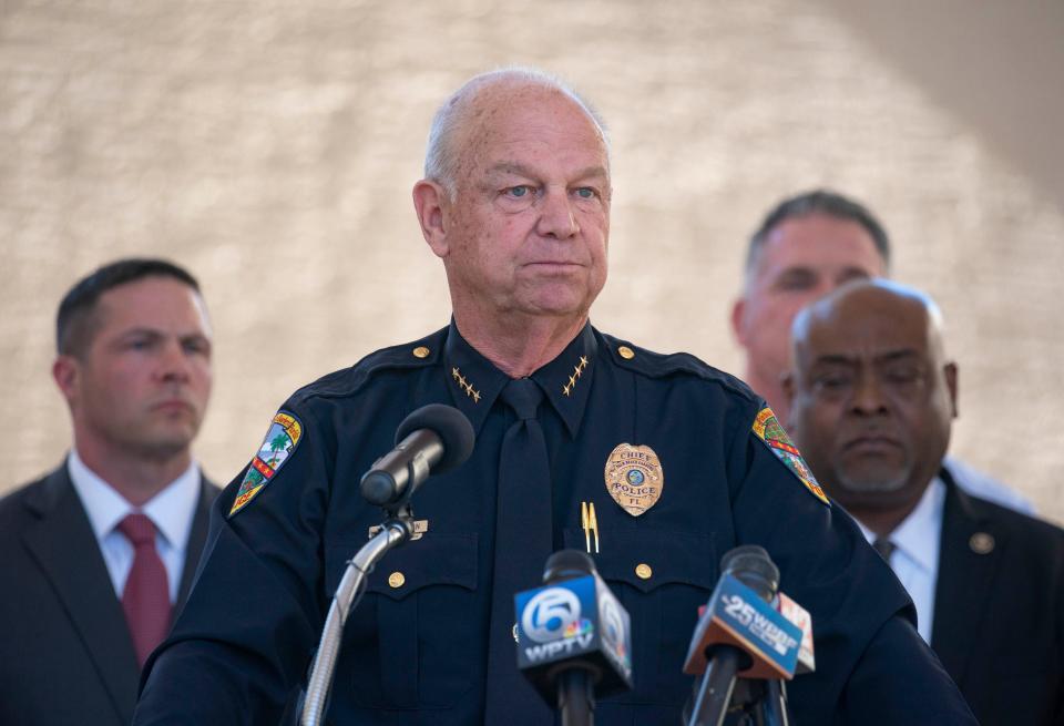 Palm Beach Gardens Police Chief Clinton Shannon speaks at a press conference about the Valentine's Day shooting at The Gardens Mall in Palm Beach Gardens, Florida.